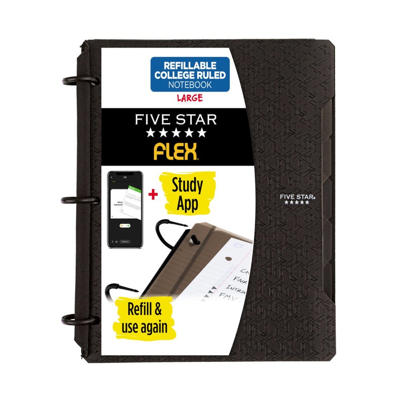 Five Star Flex Refillable Notebook + Study App, College Ruled Paper, 1 Inch TechLock Rings, Pockets, Tabs and Dividers, 200 Sheet Capacity, Black (29328AA2) - Image 1